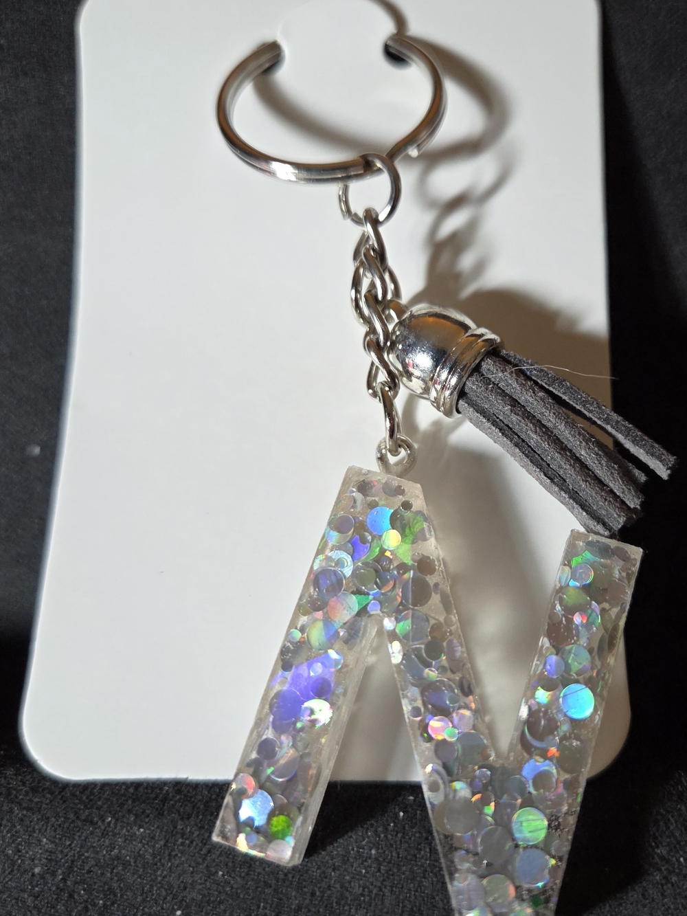 Holographic 'N' Initial Keychain with Gray Tassel